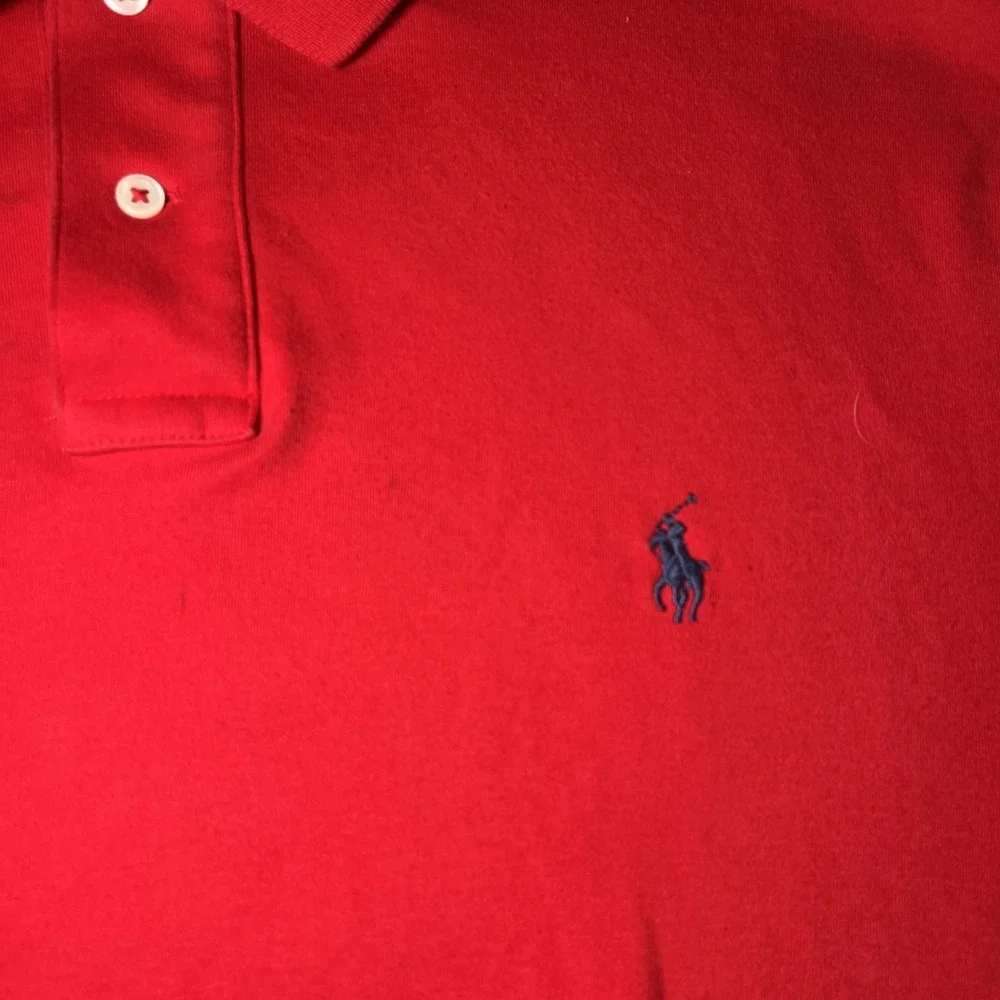 VTG Polo By Ralph Lauren Red Short Sleeve Shirt Navy Pony Custom Fit Cotton SZ L